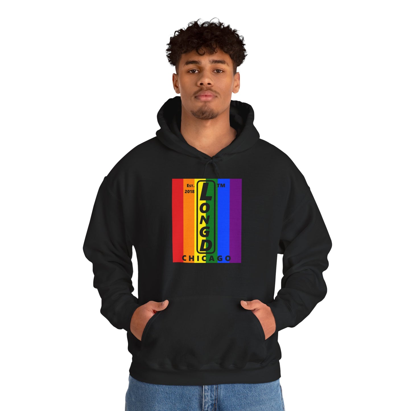 LongD® negative vertical 6-striped upright Chicago logo hoodie (Pride colors)