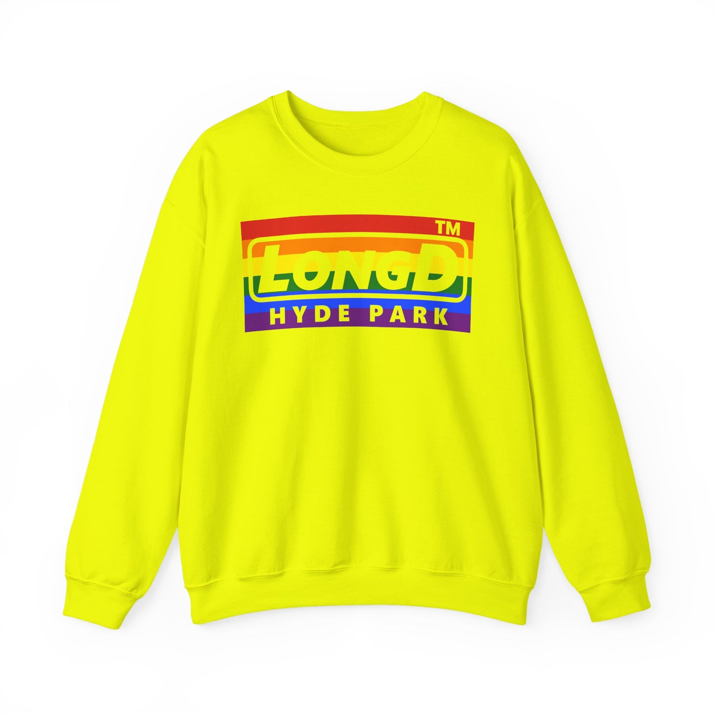LongD negative horizontal striped Hyde Park logo crewneck sweatshirt (Pride colors)