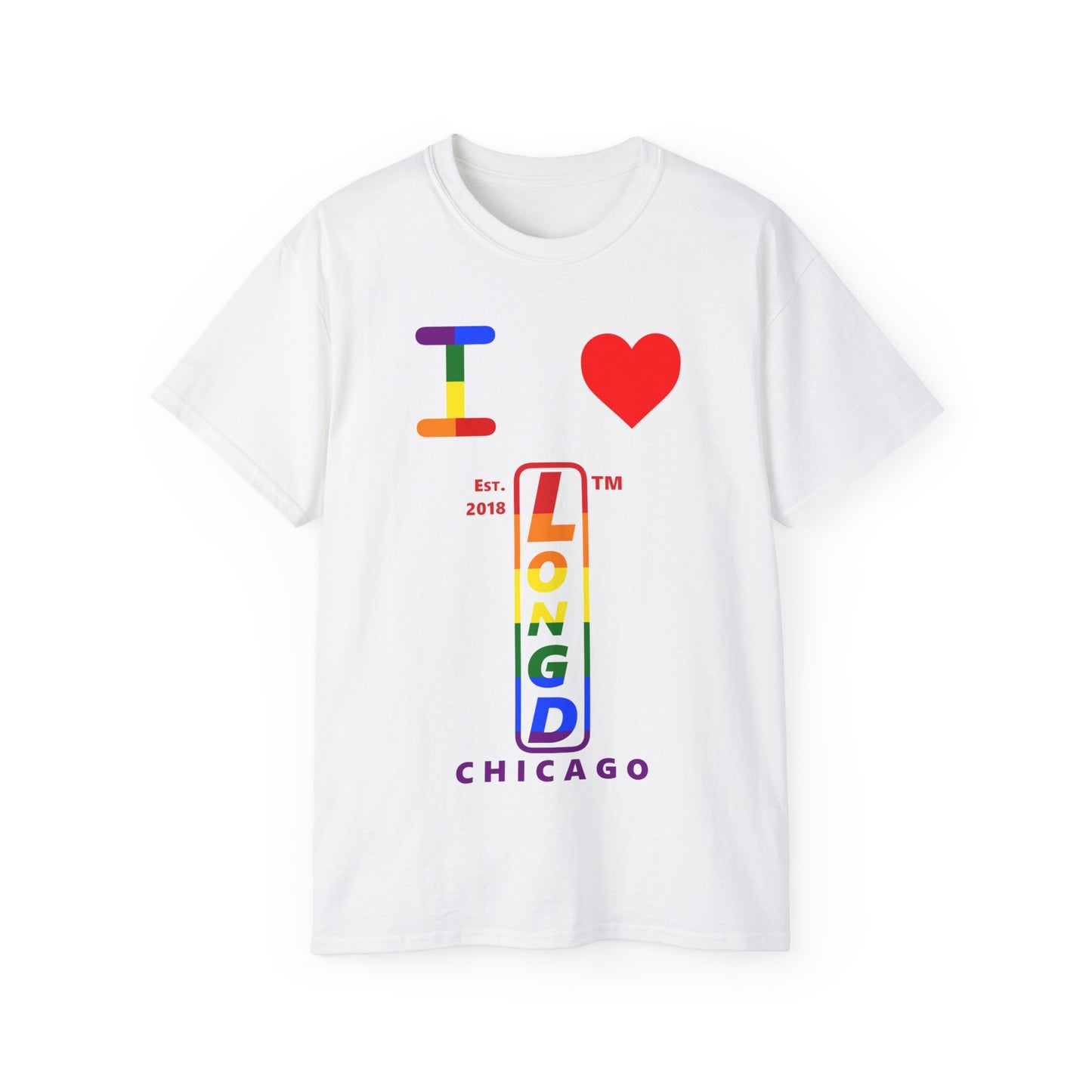 I Luv LongD Cotton Tee positive horizontal striped Chicago upright logo (Pride colors)