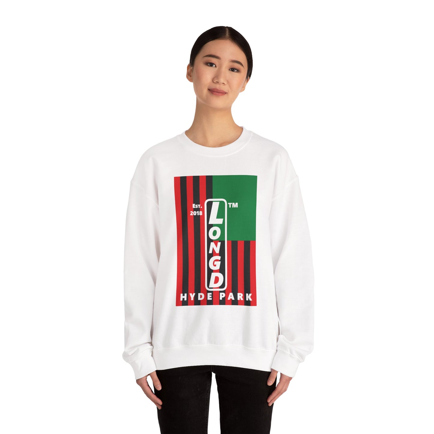 LongD negative cropped flag Hyde Park upright logo crewneck sweatshirt (Juneteenth colors)
