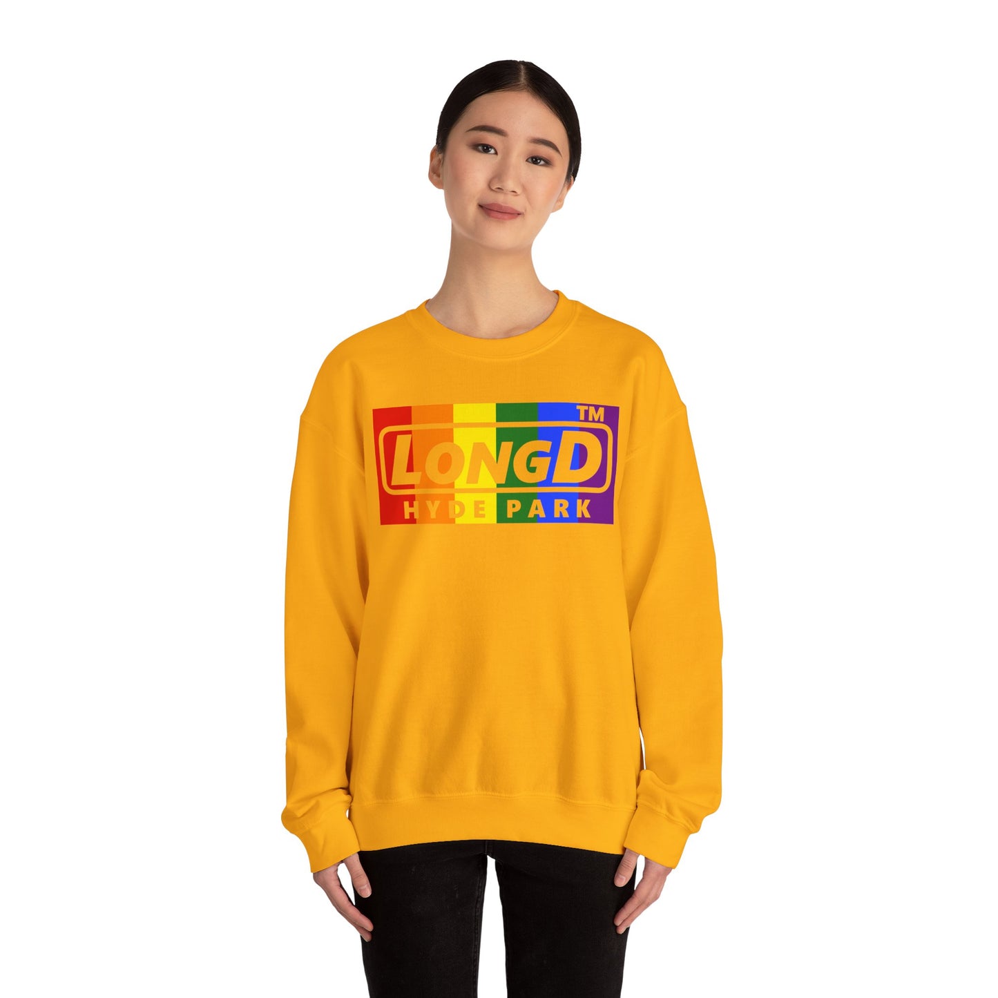 LongD negative vertical striped Hyde Park logo crewneck sweatshirt (Pride colors)