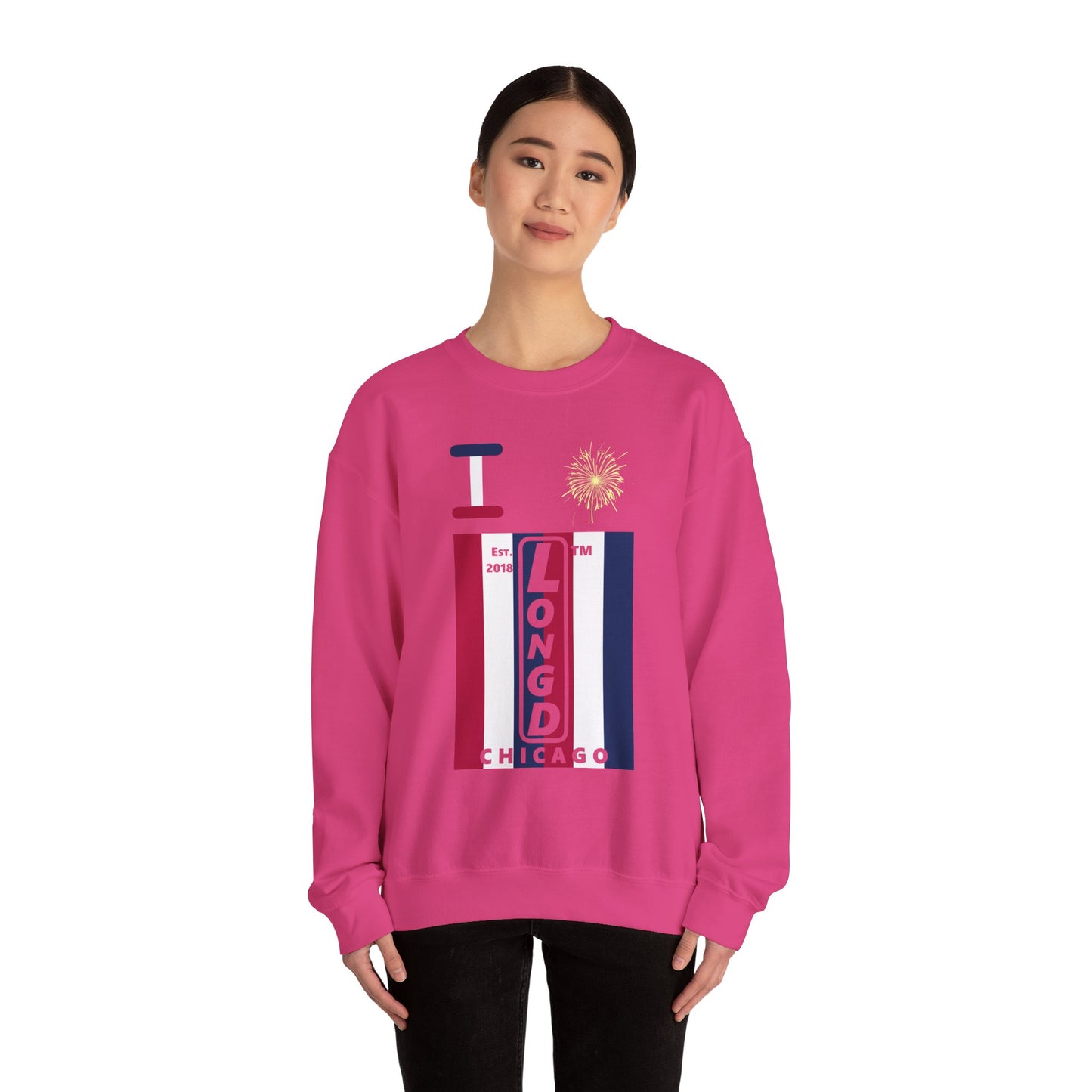 I Burst LongD negative vertical 6-striped Chicago upright logo crewneck sweatshirt