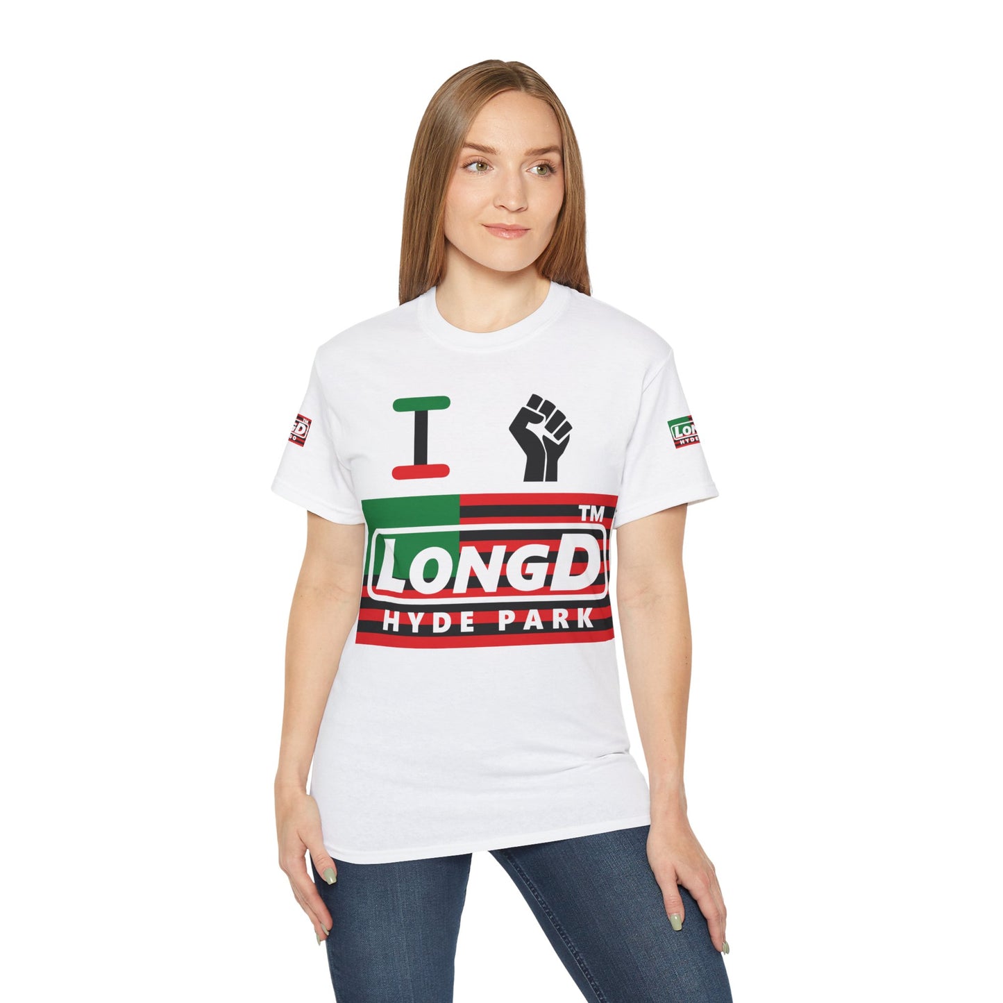 I fist LongD negative flag Hyde Park logo 4-print cotton tee