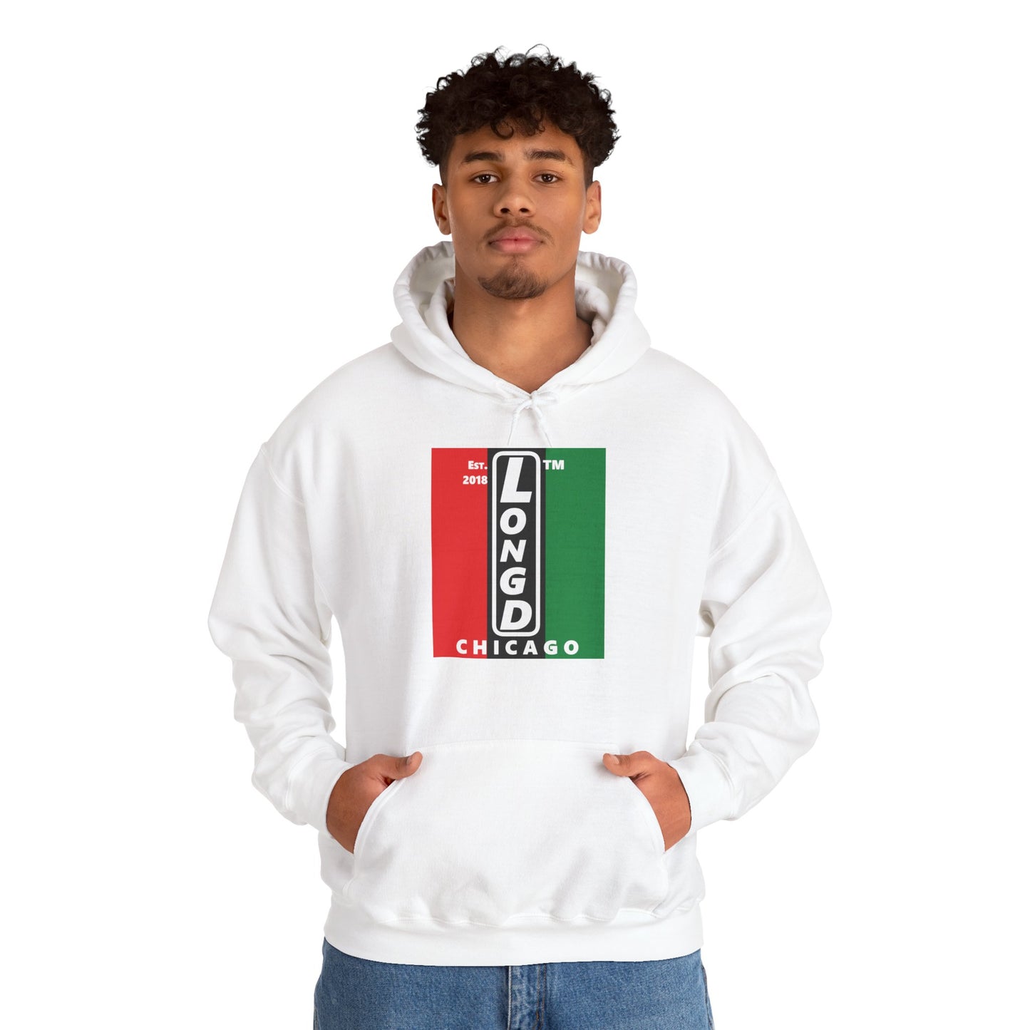 LongD® negative vertical 3-striped upright Chicago logo hoodie (Juneteenth colors)