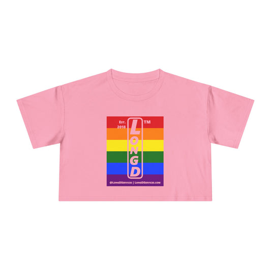 Mixed horizontal 6-striped upright front-back tag-domain logo crop tee (Pride colors)