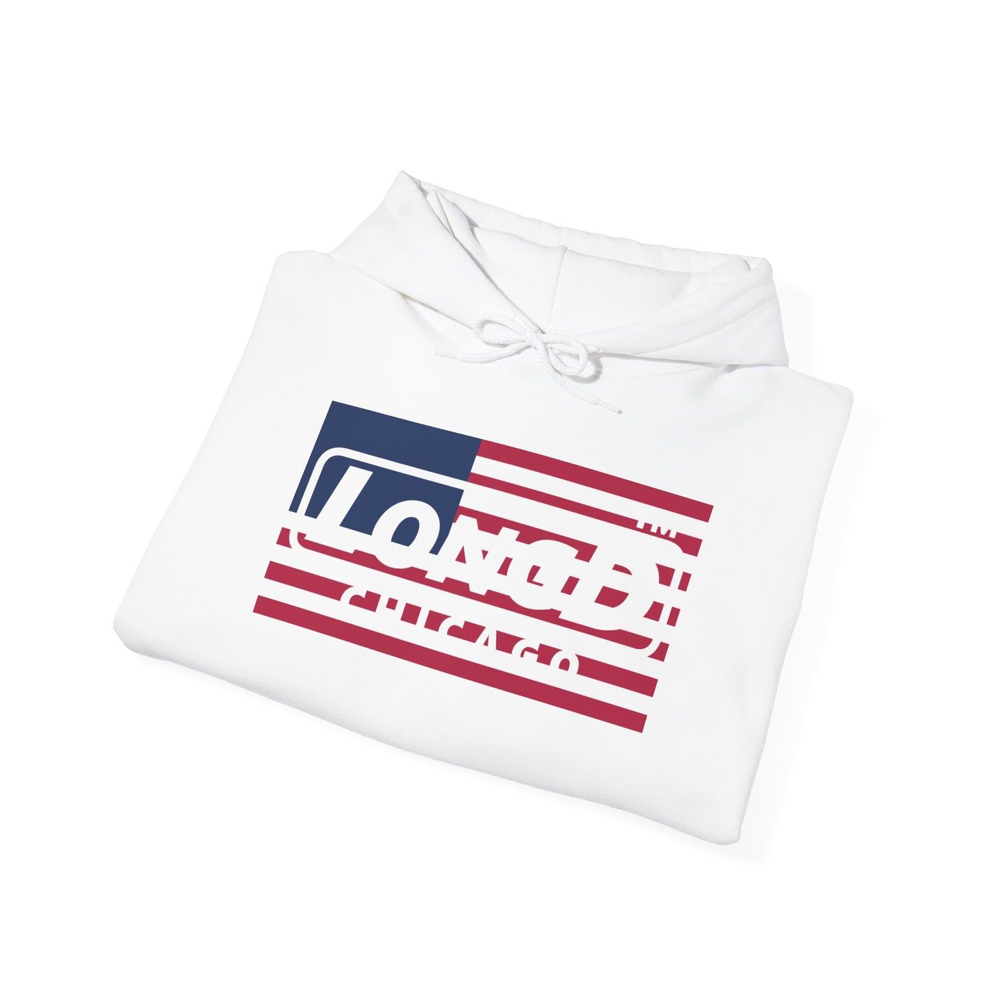 LongD® negative flag front-back double breasted Chicago logo hoodie (patriotic colors)