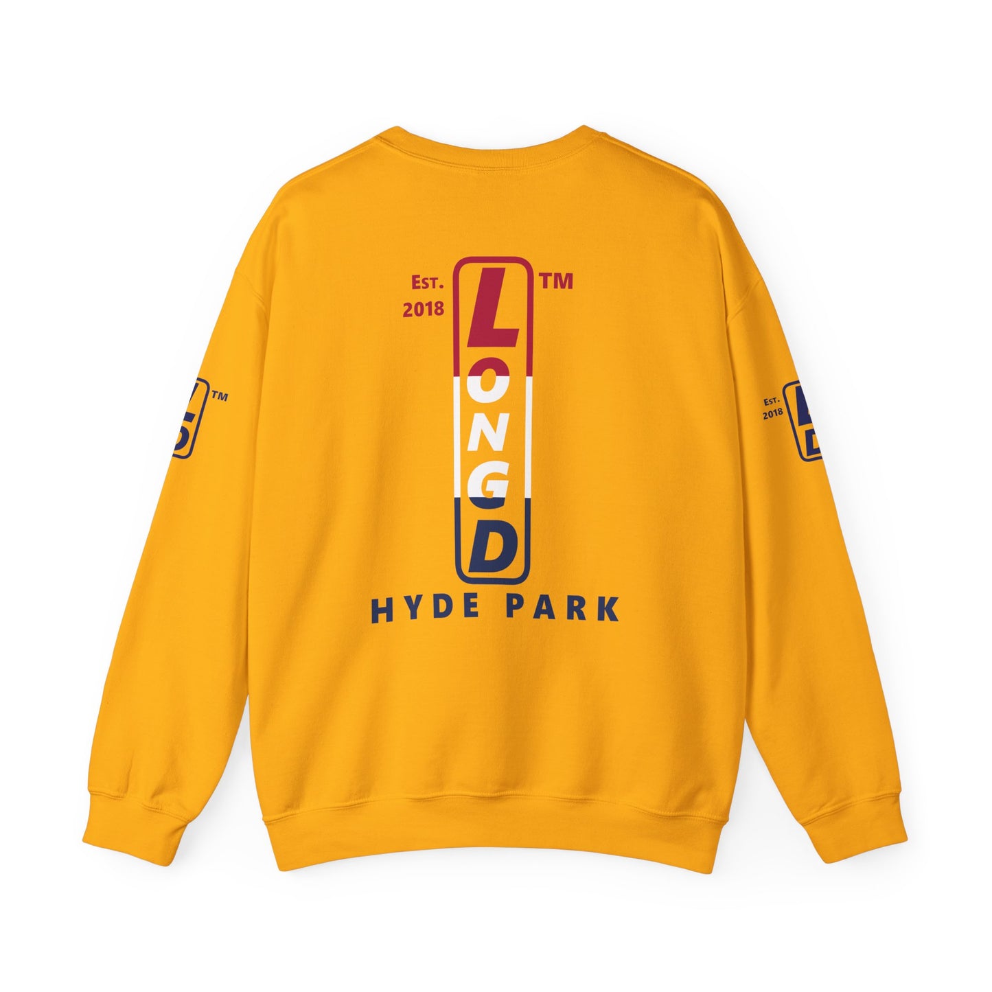 LongD positive horizontal 3-striped Hyde Park upright 4-print single-breasted logo crewneck sweatshirt (patriotic colors)