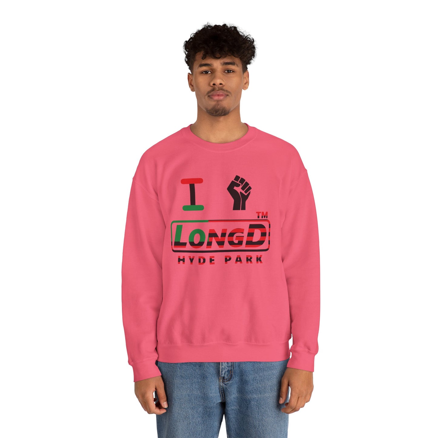 I fist LongD positive flag Hyde Park logo crewneck sweatshirt