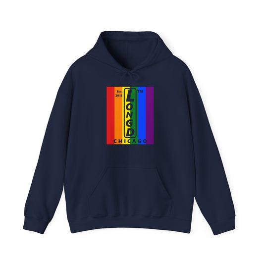 LongD® negative vertical 6-striped upright Chicago logo hoodie (Pride colors)