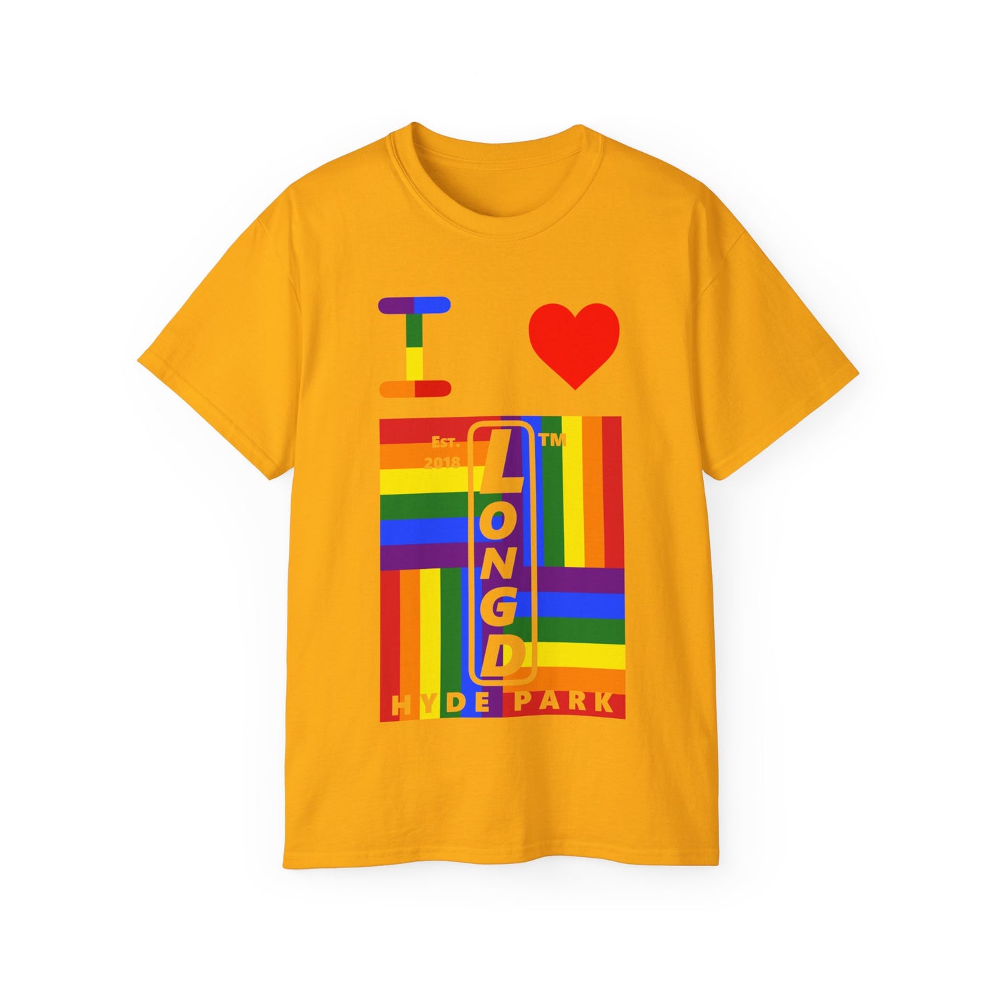 I Luv LongD Cotton Tee negative windmill Hyde Park upright logo (Pride colors)