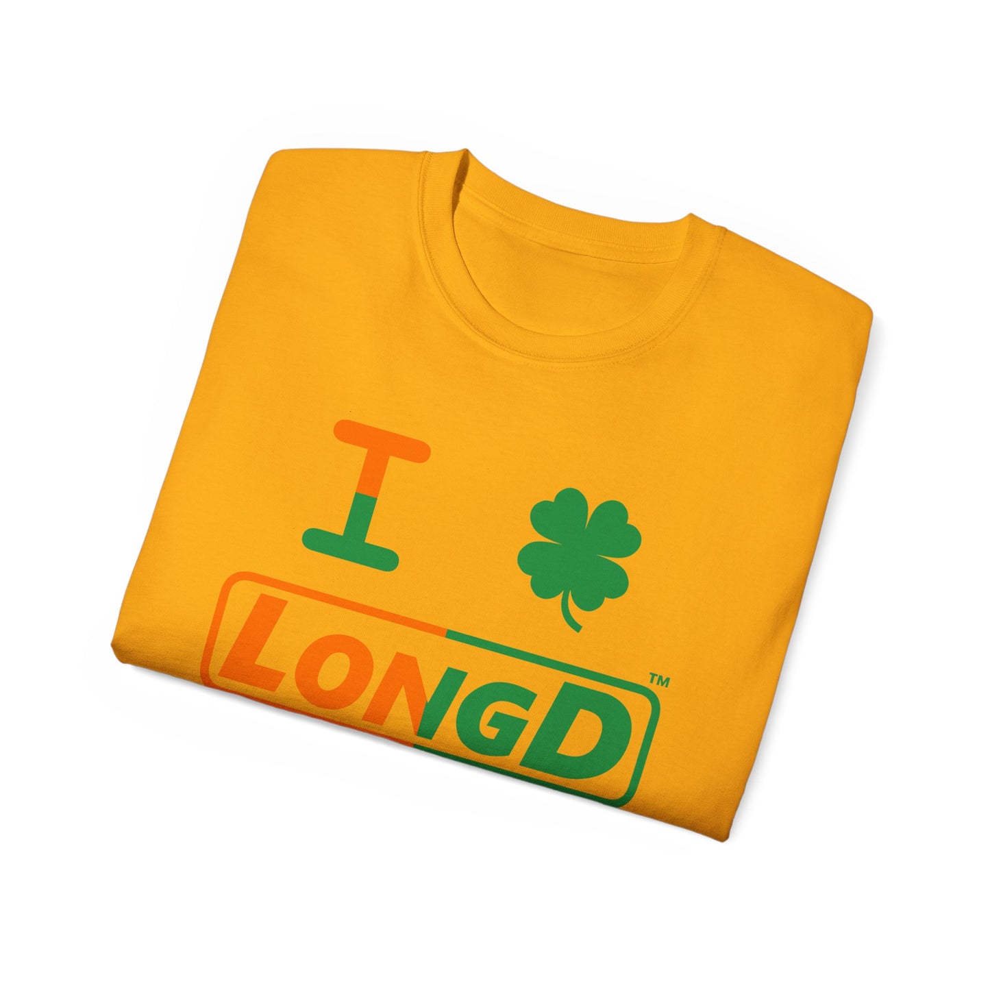 I Clover LongD® Logo Cotton Tee (St. Patrick's Day -Irish Green and Irish Orange right-left split with 4-leaf clover)