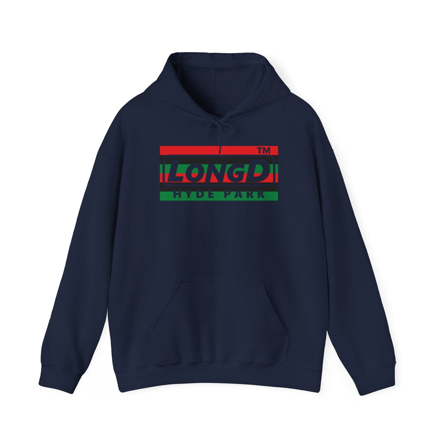 LongD® negative horizontal 6-striped Hyde Park logo Hoodie (Juneteenth colors)