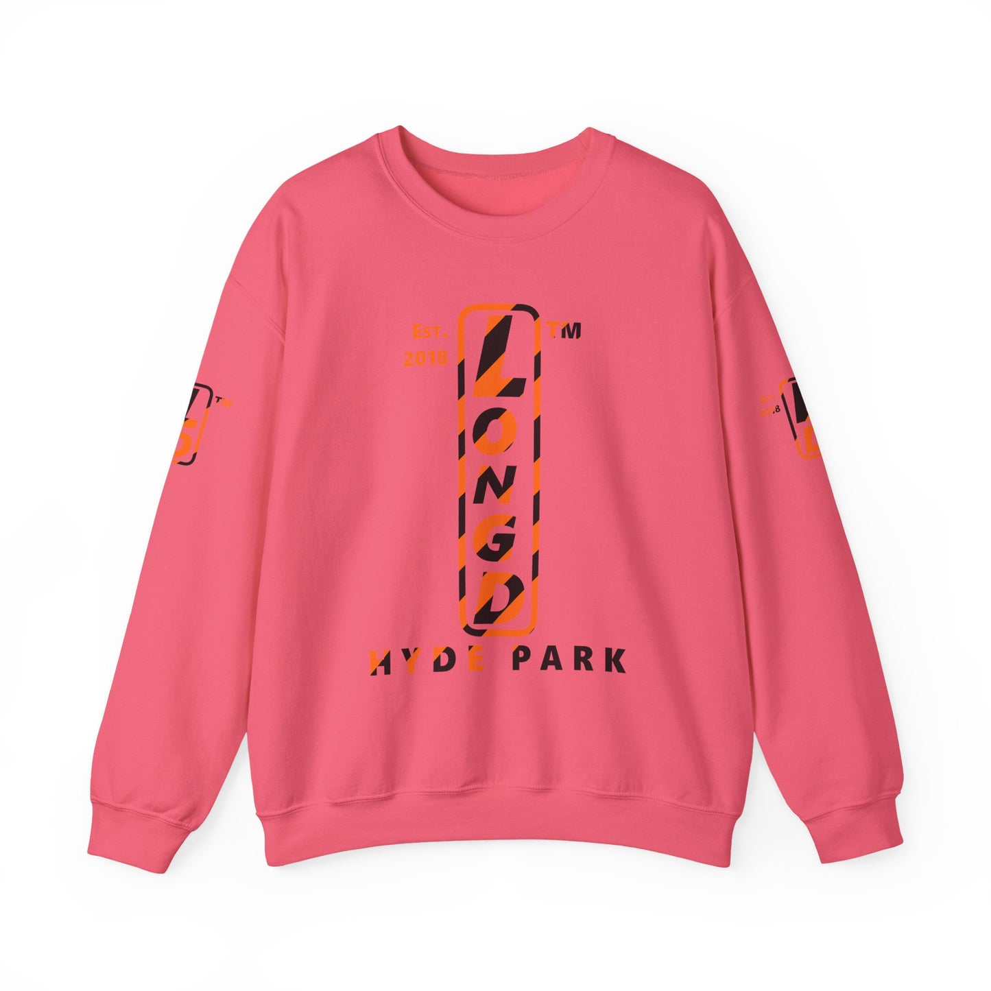 LongD Hyde Park positive upright pixel-weighted 12-striped 4-print logo (Halloween colors) crewneck sweatshirt
