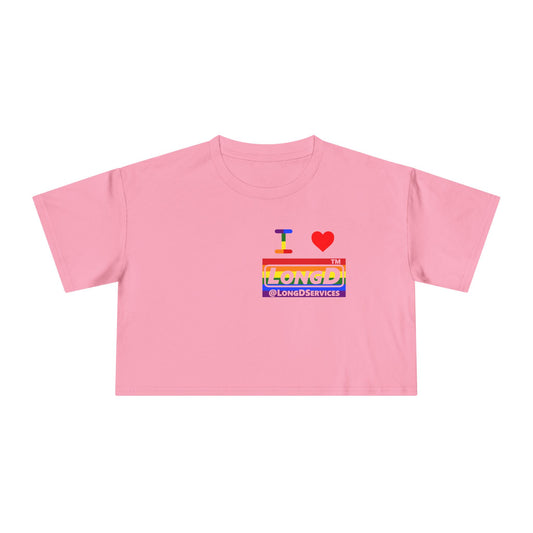 I Luv LongD negative horizontal 6-striped single-breasted tag logo reverse front-back crop tee (Pride colors)