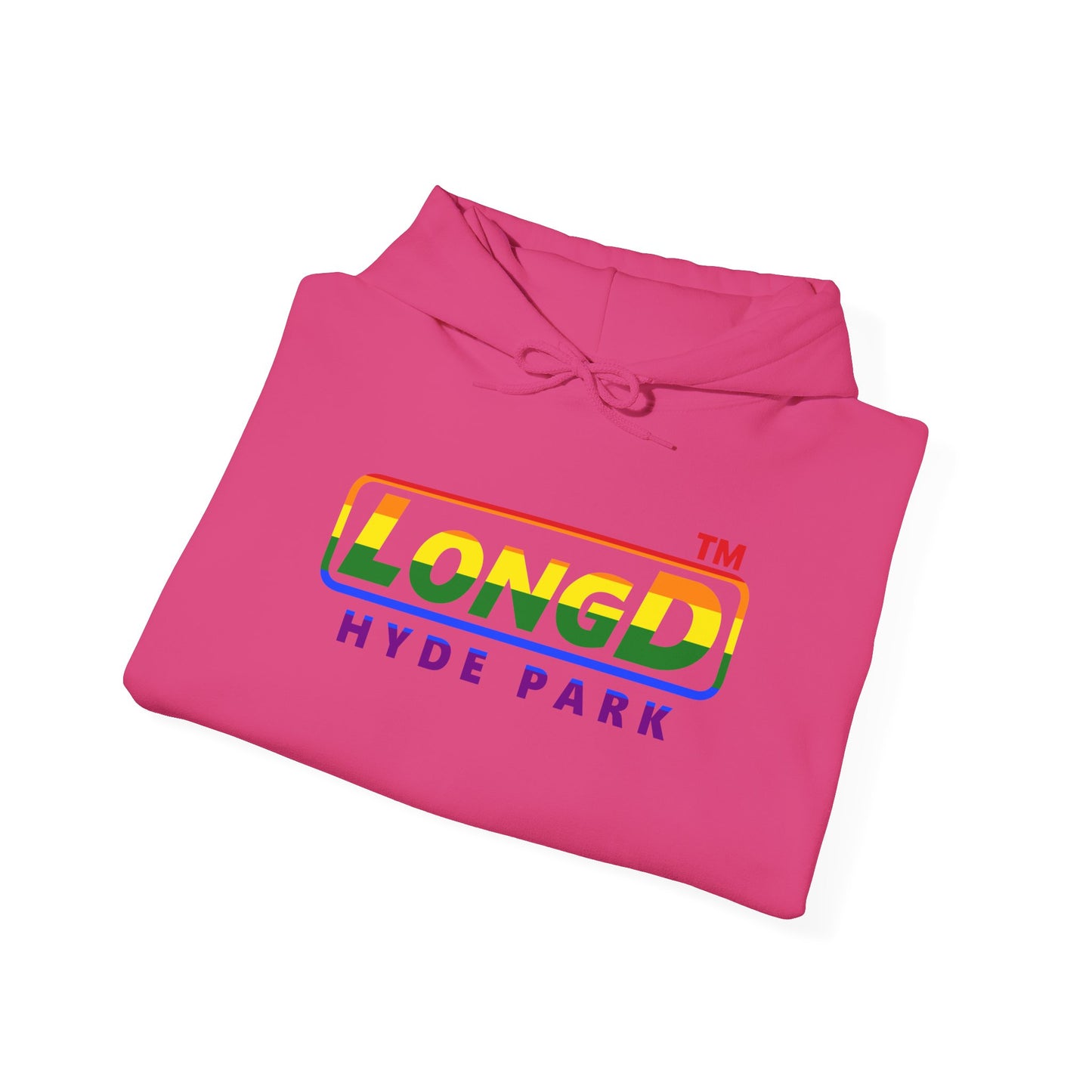 LongD® positive horizontal striped Hyde Park logo hoodie (Pride colors)
