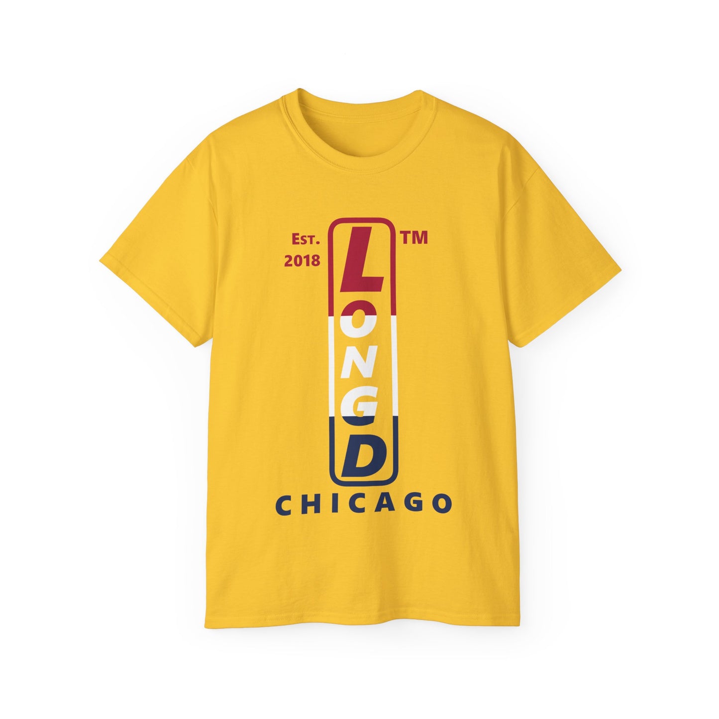 LongD cotton tee positive horizontal 3-striped Chicago upright logo (Patriotic colors)
