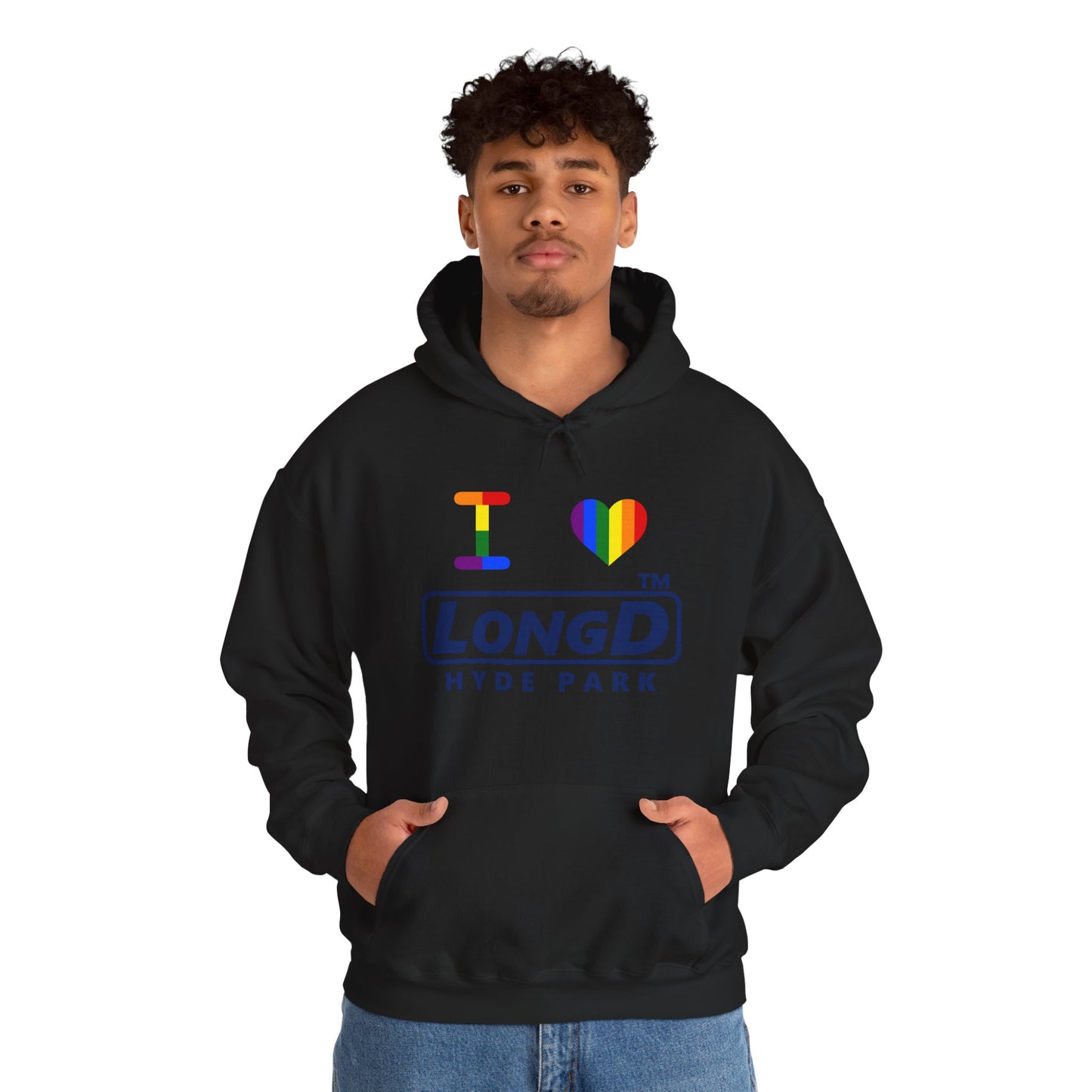 I Luv LongD® official basic front-back Hyde Park logo hoodie (Pride colors)