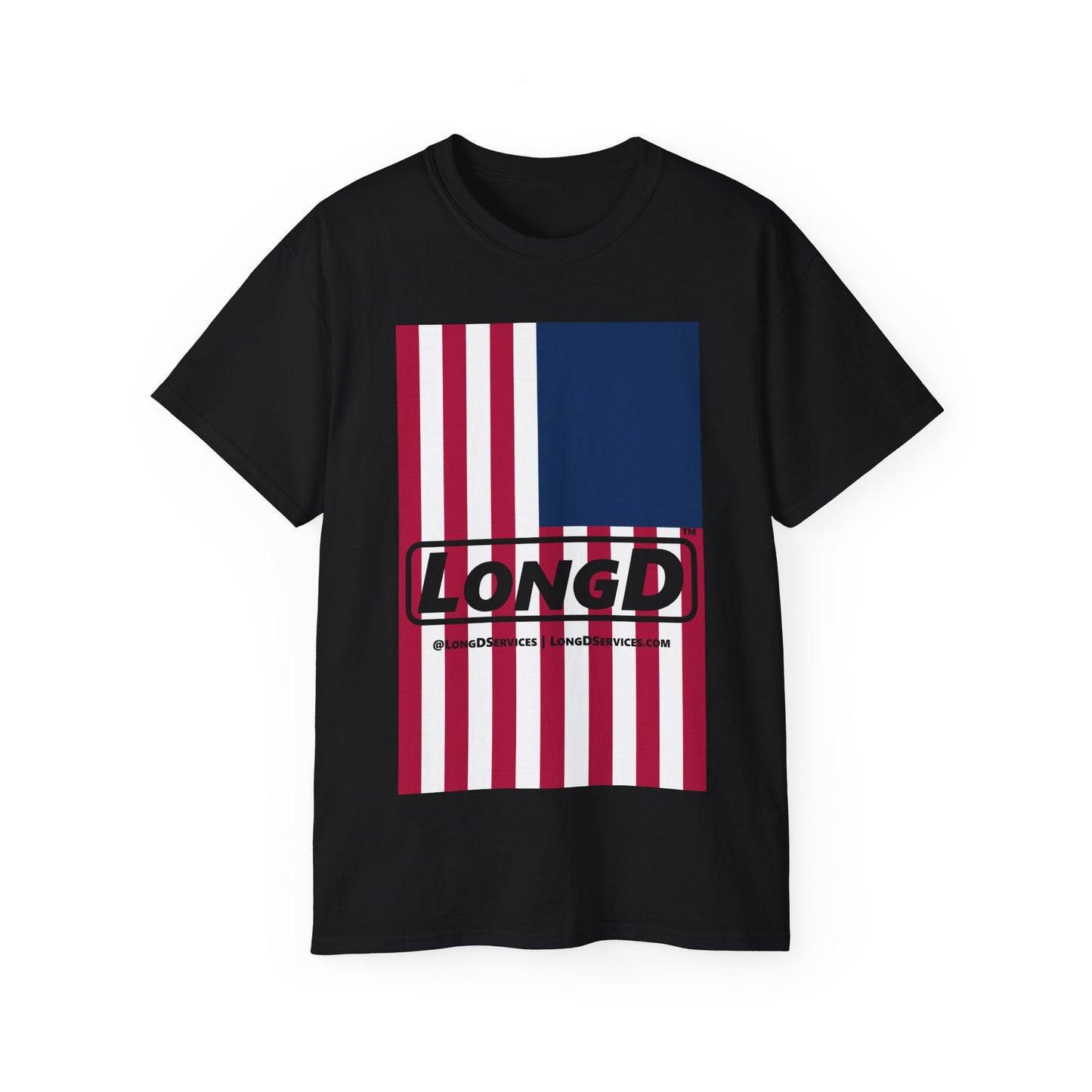 LongD® Logo Cotton Tee Red, White and Blue portrait (cropped proportions) flag negative text