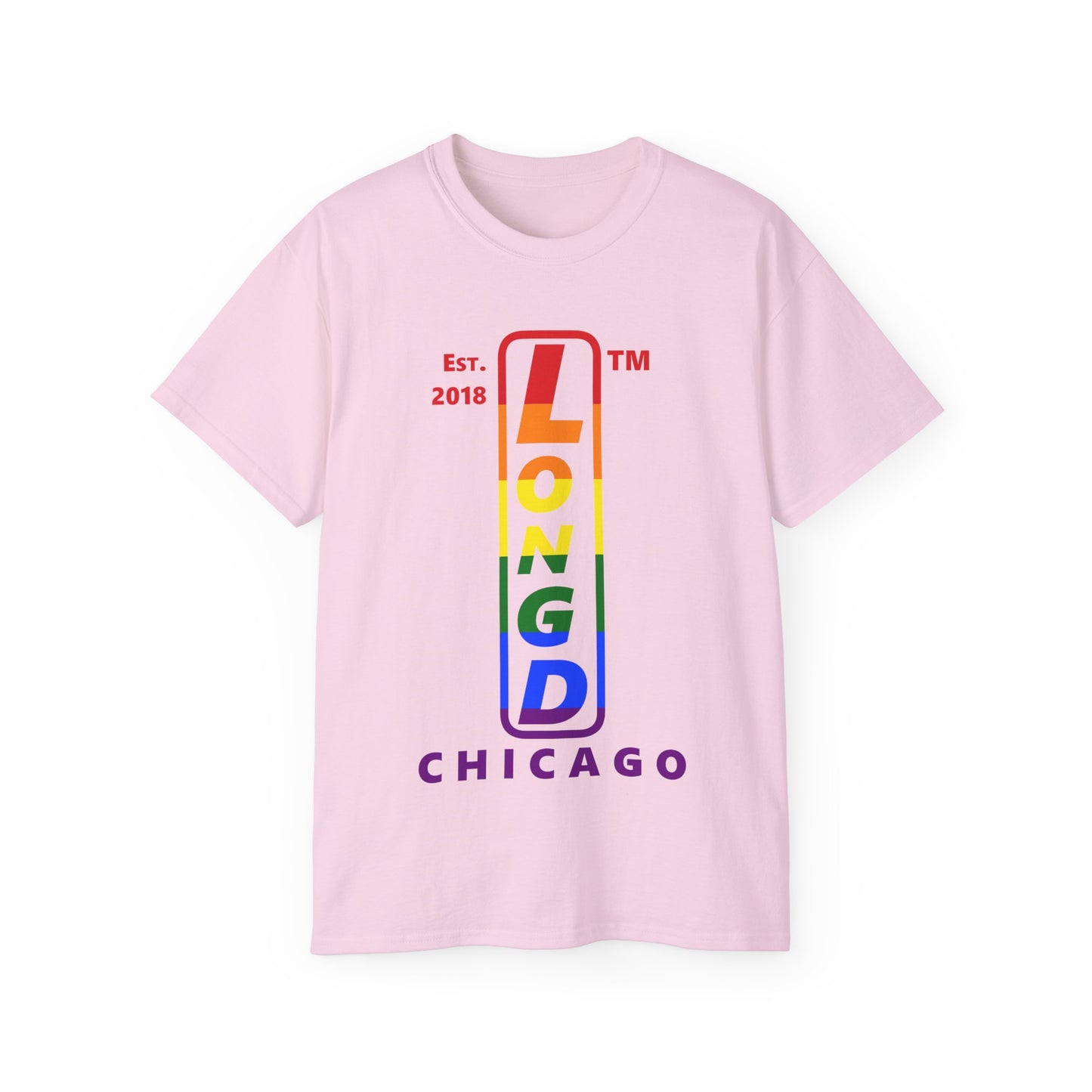 LongD Cotton Tee positive horizontal striped Chicago upright logo (Pride colors)
