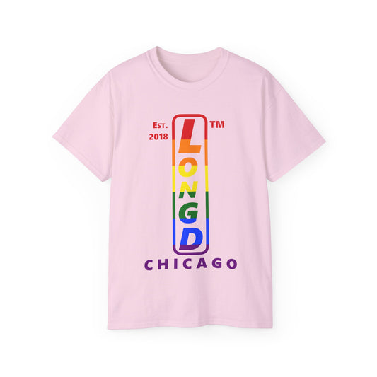 LongD Cotton Tee positive horizontal striped Chicago upright logo (Pride colors)