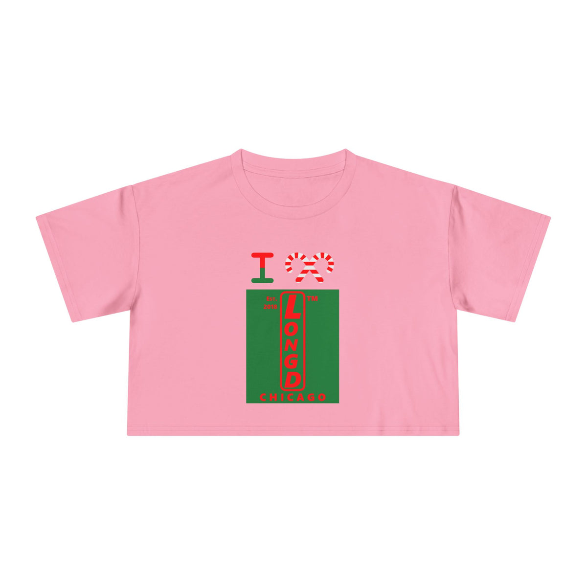 I candy cane LongD Chicago upright front-back logo positive red on negative green crop tee