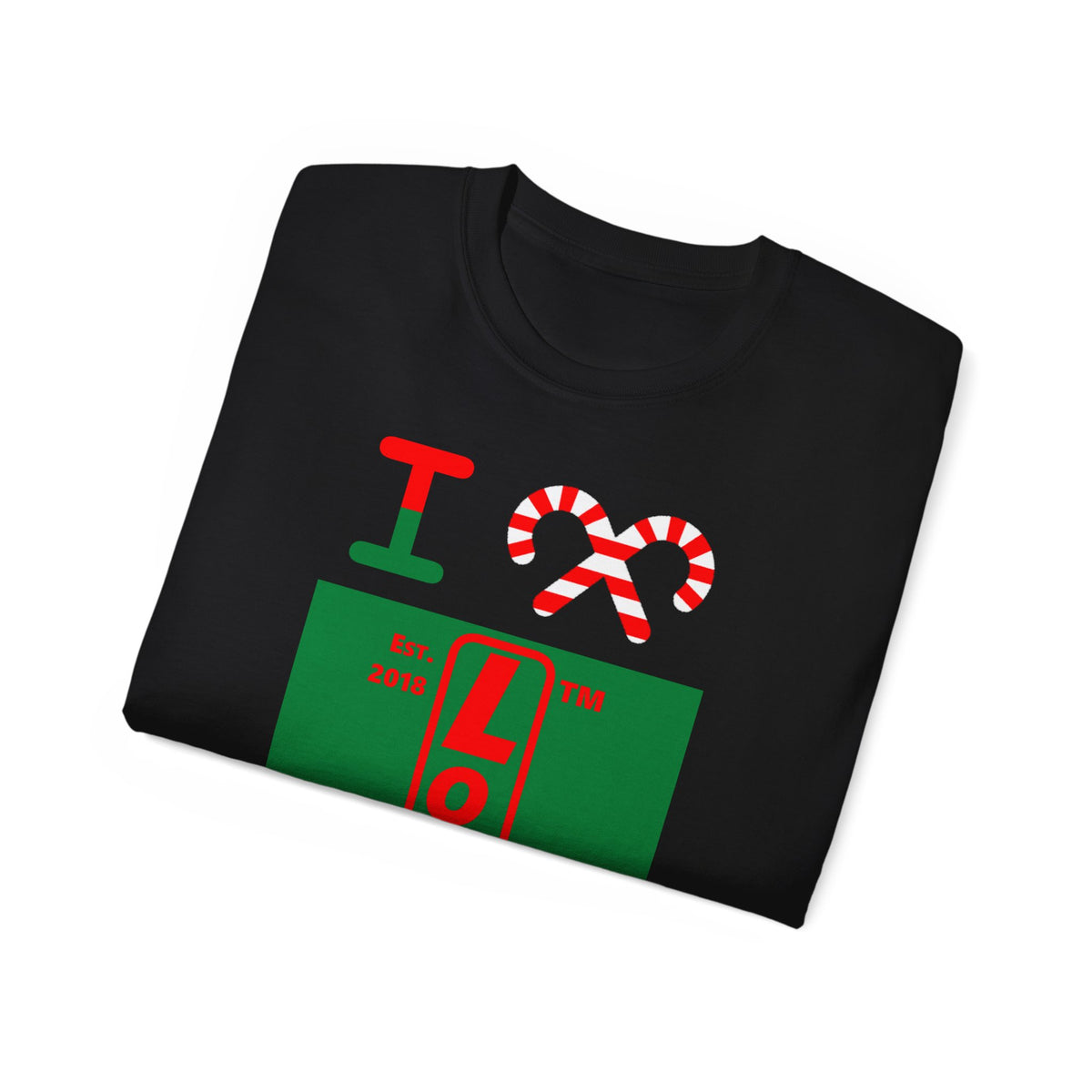 I candy cane LongD Chicago upright front-back logo positive red on negative green cotton tee