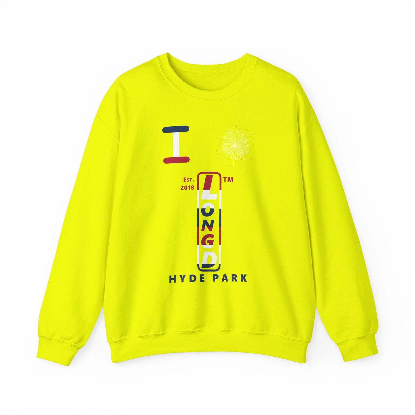 I Burst LongD positive horizontal 6-striped Hyde Park upright logo crewneck sweatshirt