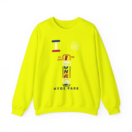 I Burst LongD positive horizontal 6-striped Hyde Park upright logo crewneck sweatshirt