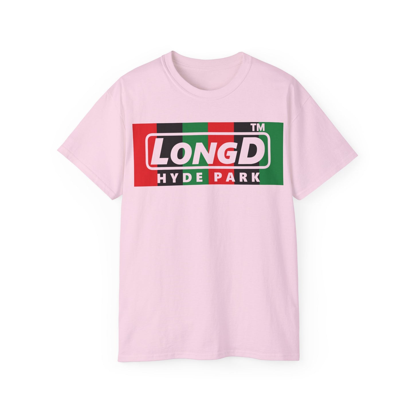 LongD negative vertical 6-striped Hyde Park logo front-back cotton tee (Juneteenth colors)