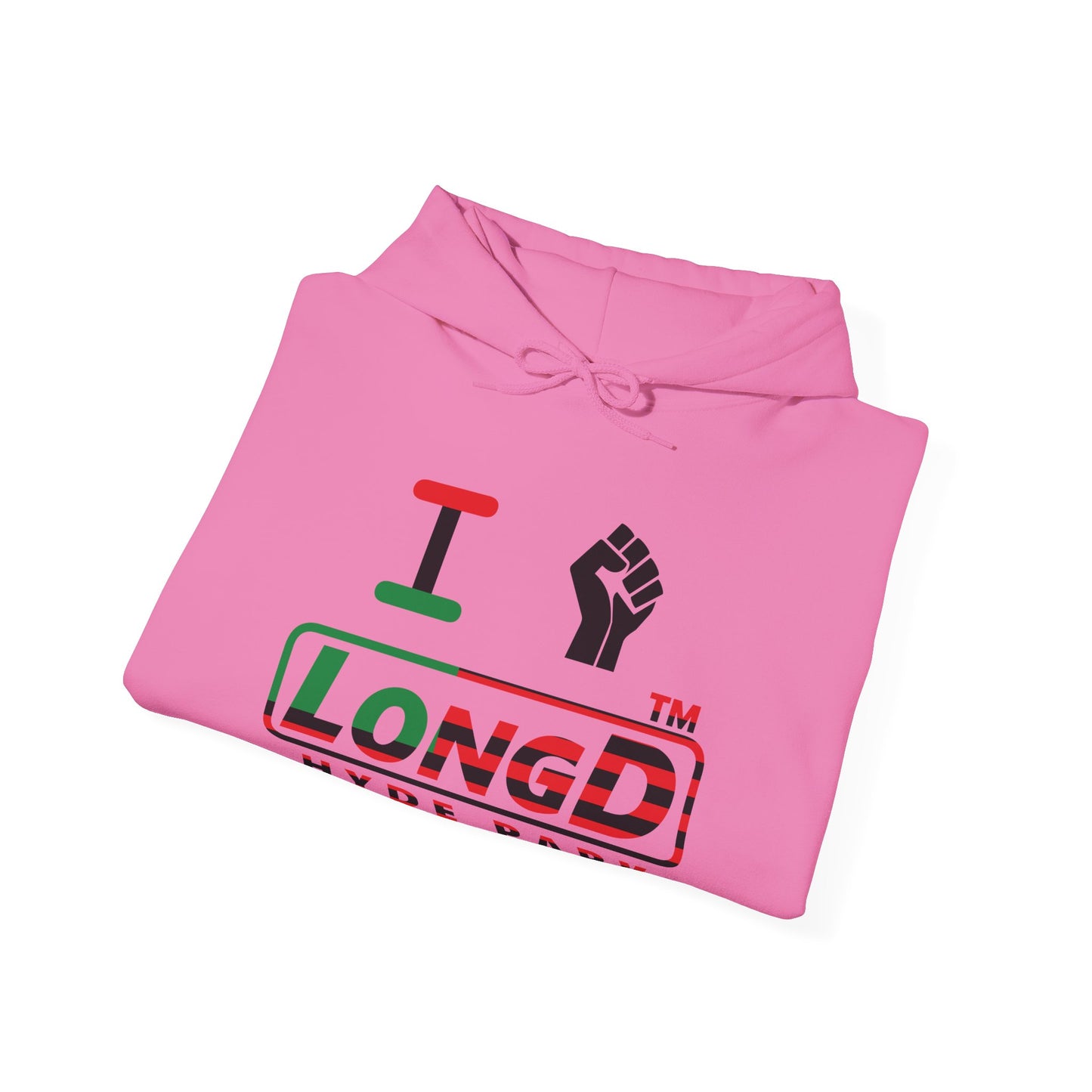 I fist LongD® positive flag front-back Hyde Park logo Hoodie (Juneteenth colors)