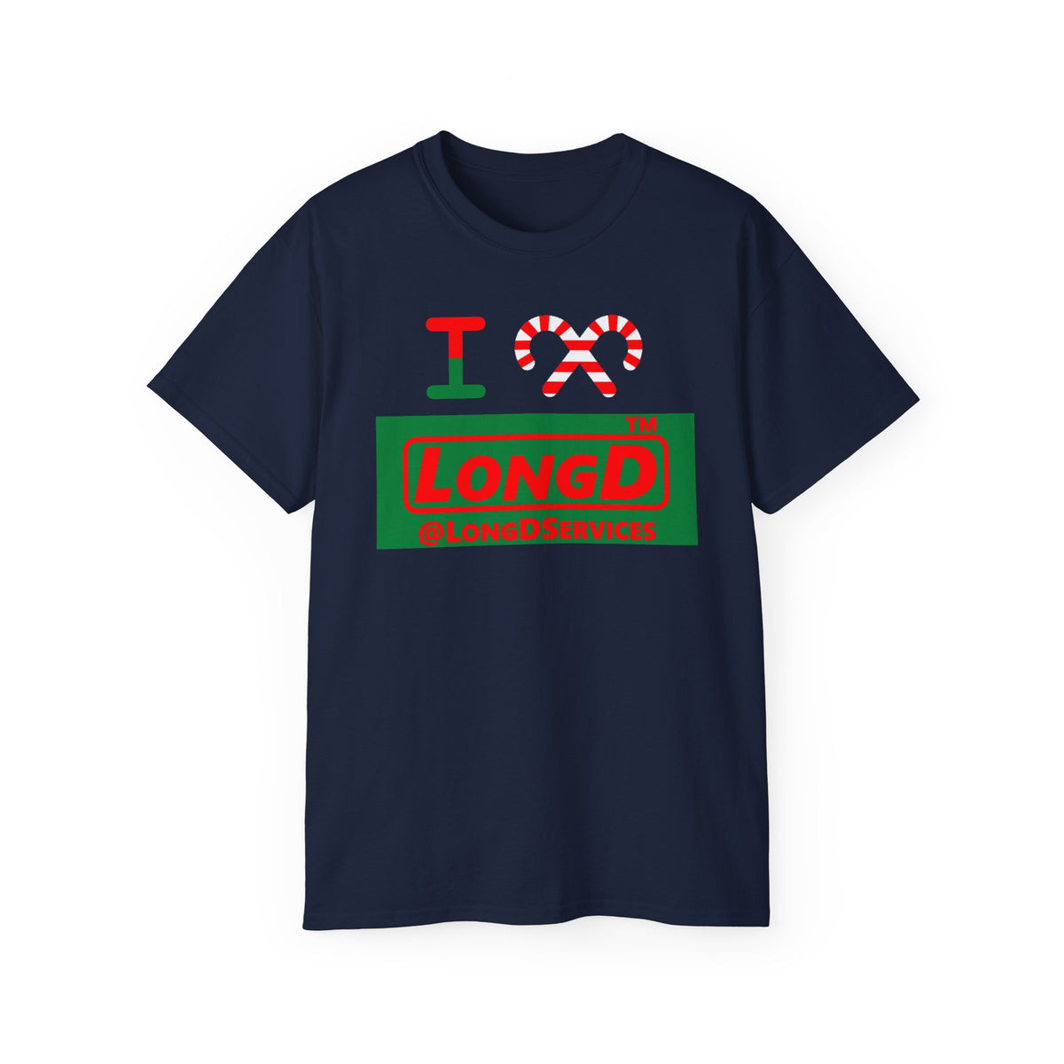 I candy cane LongD Tag logo positive red on negative green cotton tee