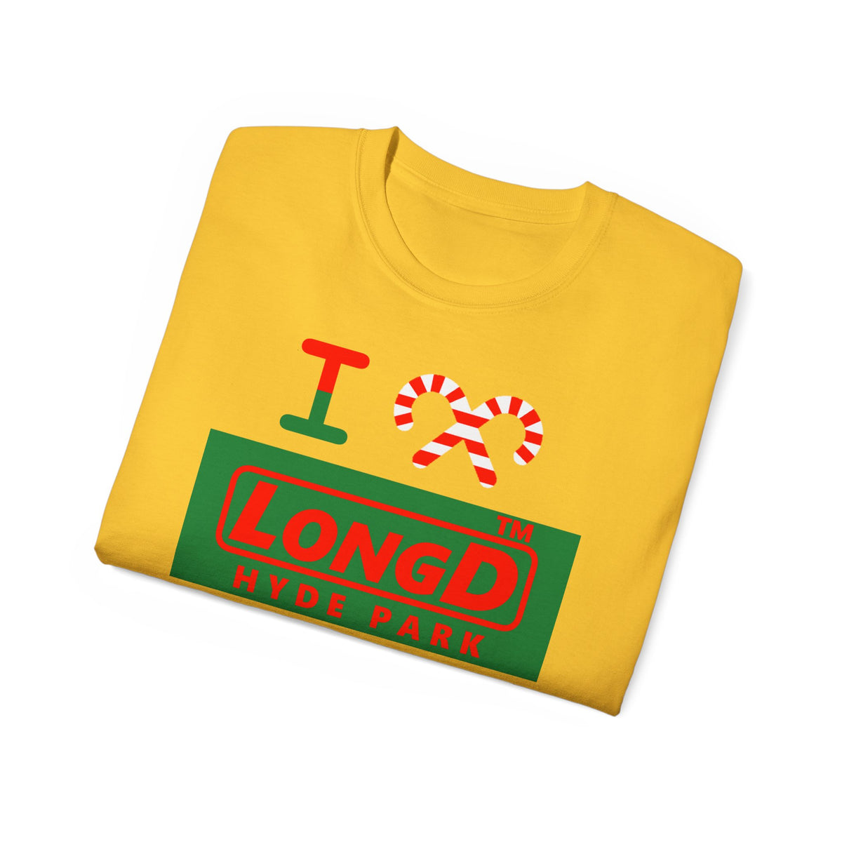 I candy cane LongD Hyde Park logo positive red on negative green cotton tee