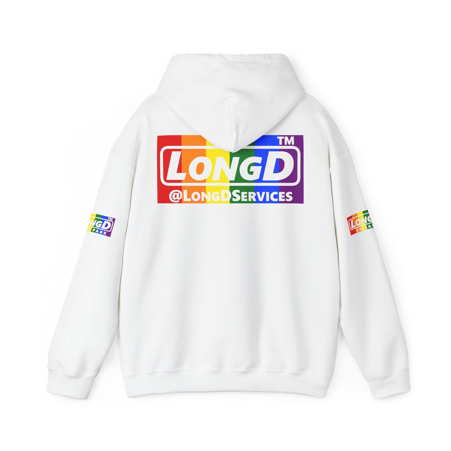 I Luv LongD® negative vertical striped 4-print Hyde Park logo hoodie (Pride colors)