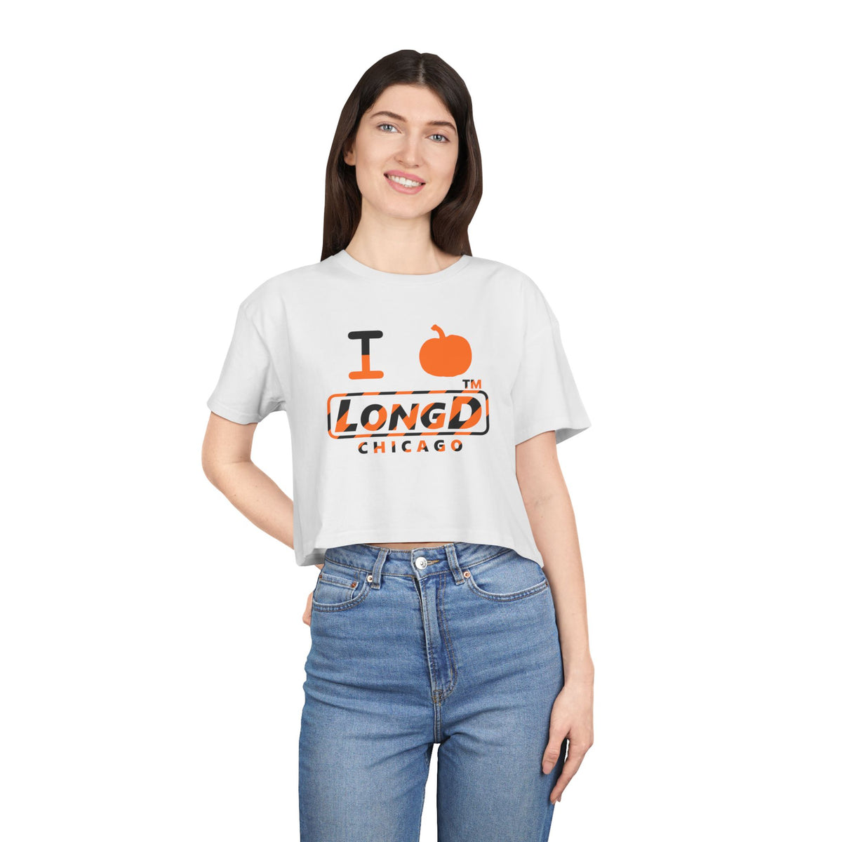 I pumpkin LongD Chicago positive 12-striped logo crop tee