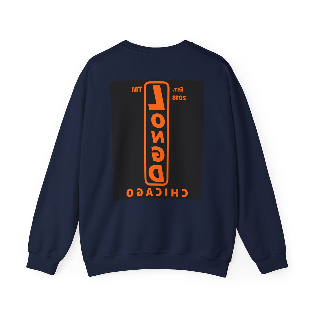 LongD Chicago upright front-back logo orange (FE7518) on Black (000000) crewneck sweatshirt