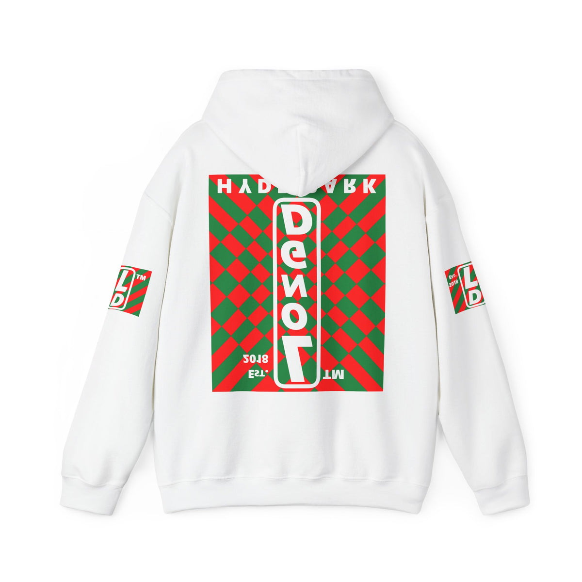 LongD Hyde Park negative upright stylized argyle 4-print logo (Xmas colors) hoodie