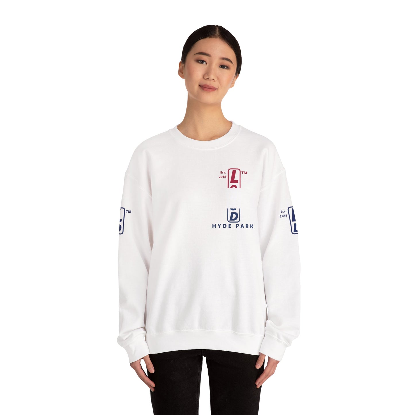 LongD positive horizontal 3-striped Hyde Park upright 4-print single-breasted logo crewneck sweatshirt (patriotic colors)