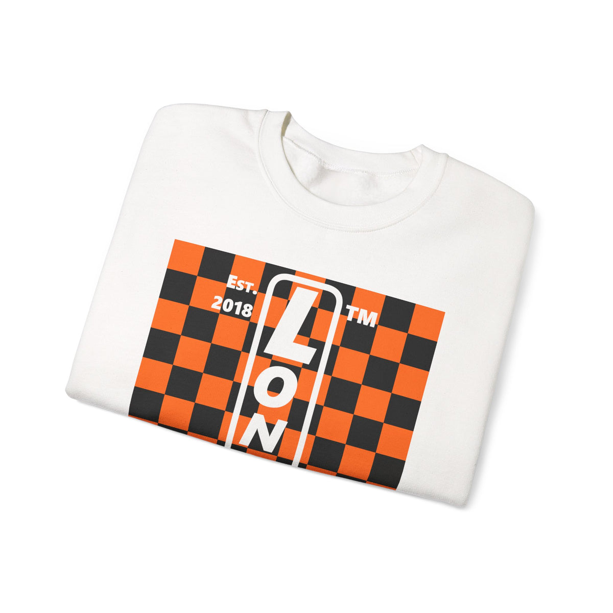 LongD Hyde Park negative upright checkered logo (Halloween colors) crewneck sweatshirt
