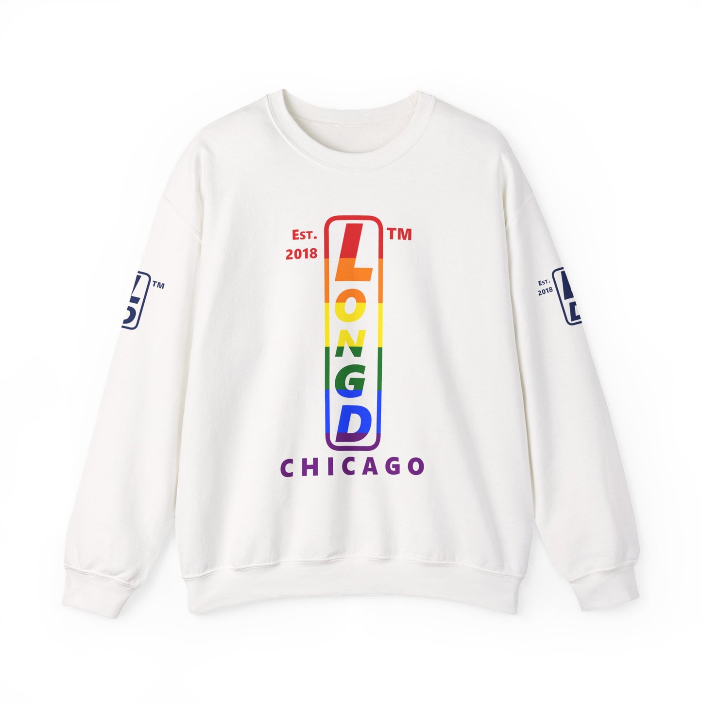 LongD positive horizontal 6-striped Chicago 4-print upright logo crewneck sweatshirt (Pride colors)