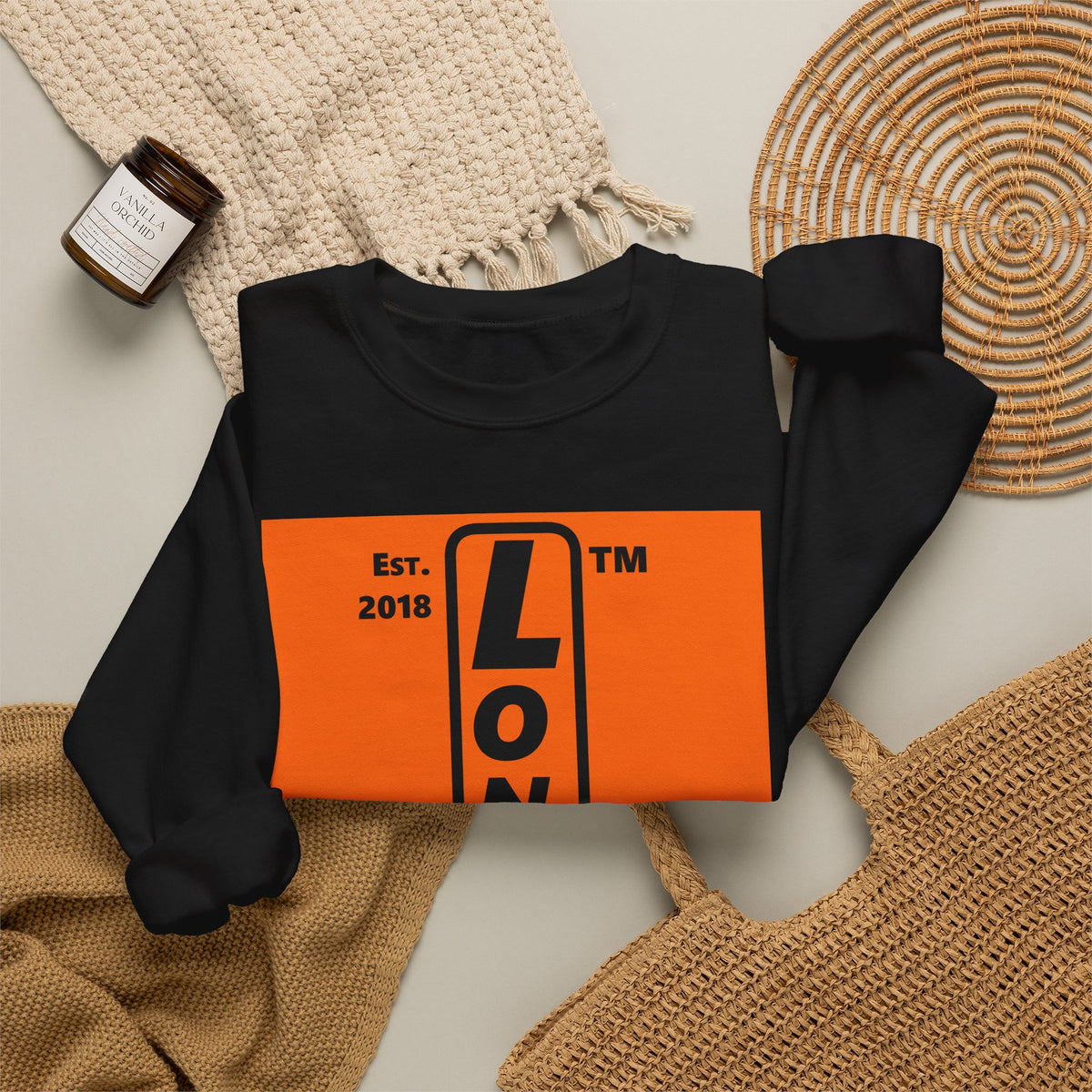 LongD Hyde Park upright logo Black (000000) on orange (FE7518) (Halloween colors) crewneck sweatshirt