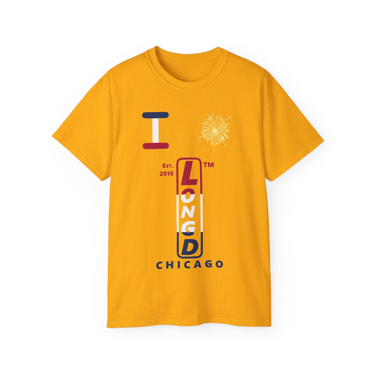 I Burst LongD cotton tee positive horizontal 3-striped Chicago upright logo (Patriotic colors)