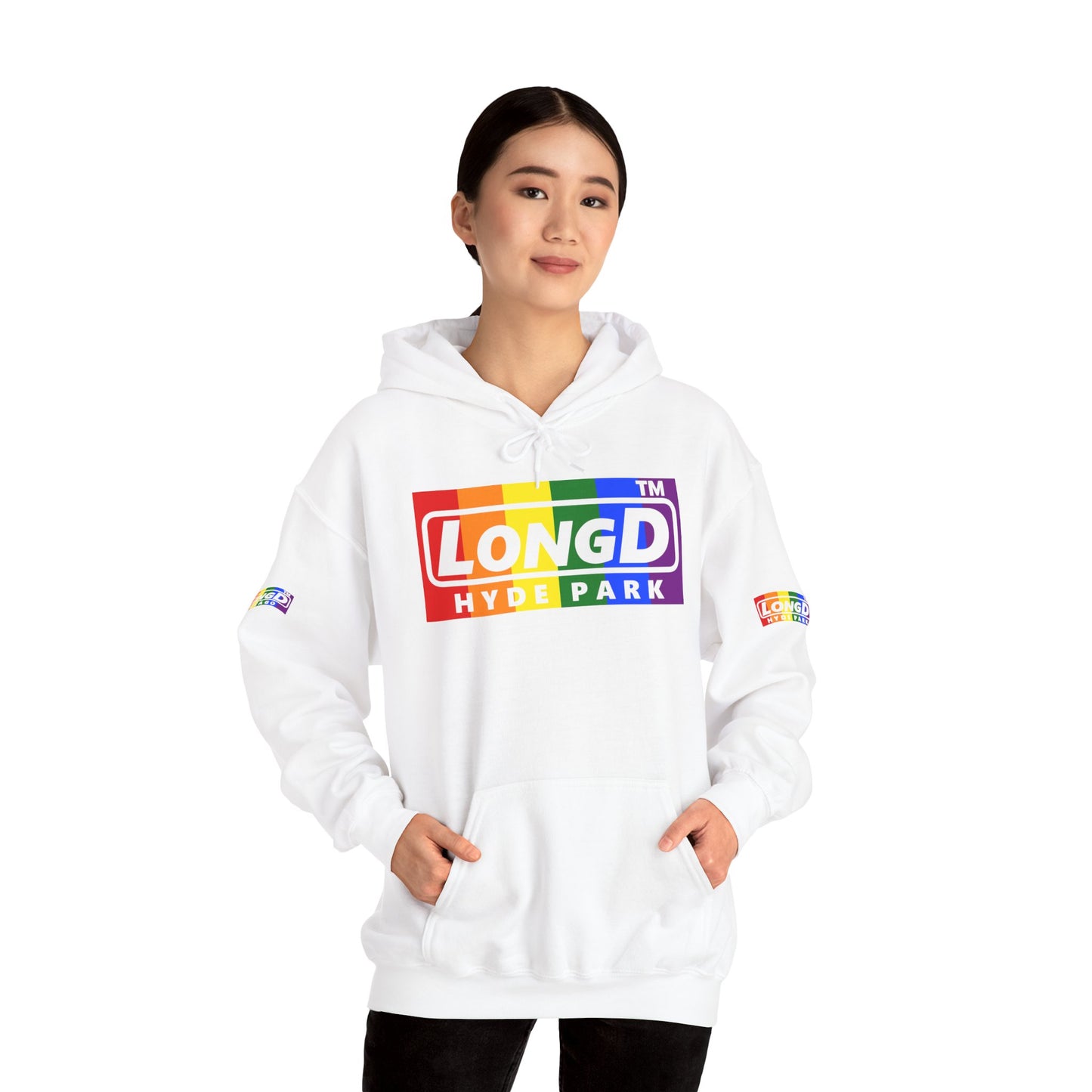 LongD® negative vertical striped 4-print Hyde Park logo hoodie (Pride colors)