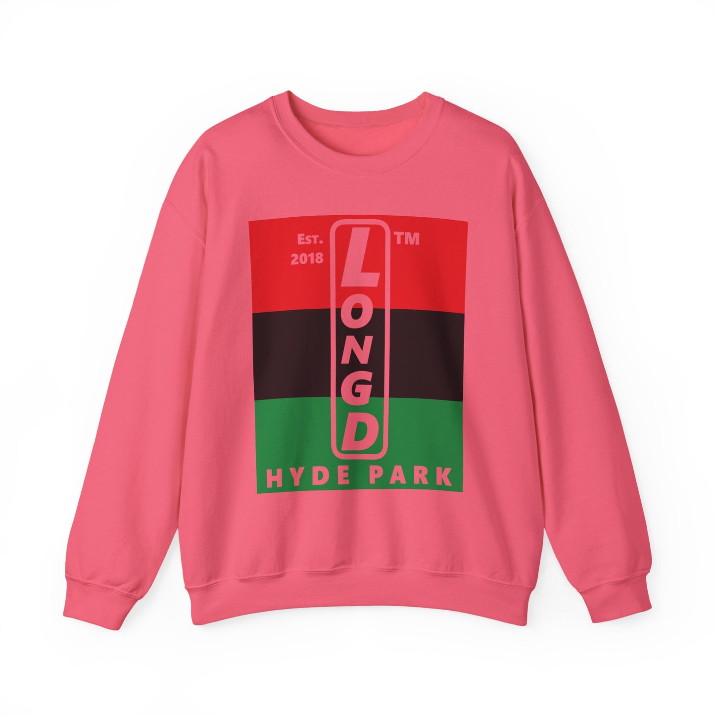 LongD negative horizontal 3-striped Hyde Park upright logo crewneck sweatshirt (Juneteenth colors)