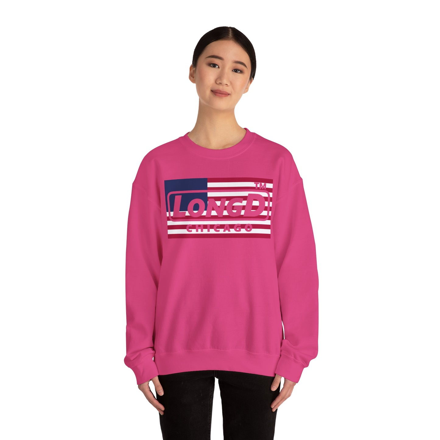 LongD negative flag front-back Chicago logo crewneck sweatshirt (patriotic colors)