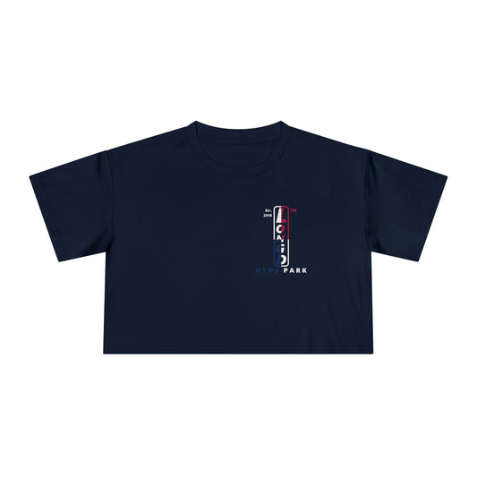 Positive quarters upright single-breasted Hyde Park logo crop tee (Patriotic colors)
