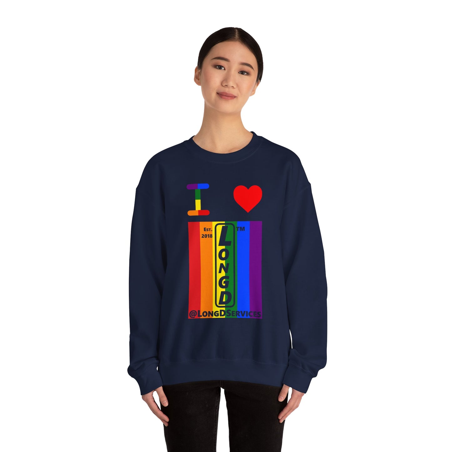 I Luv LongD negative vertical 6-striped tag upright logo crewneck sweatshirt