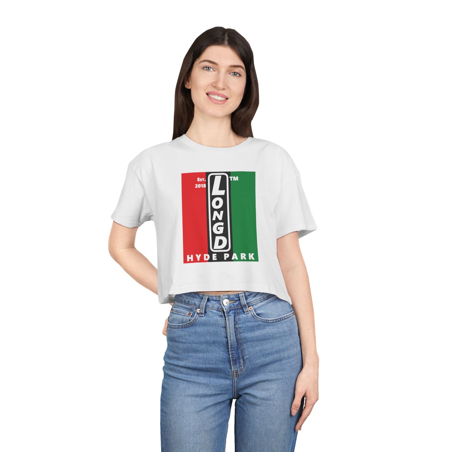 Negative vertical 3-striped upright front-back Hyde Park logo crop tee (Juneteenth colors)