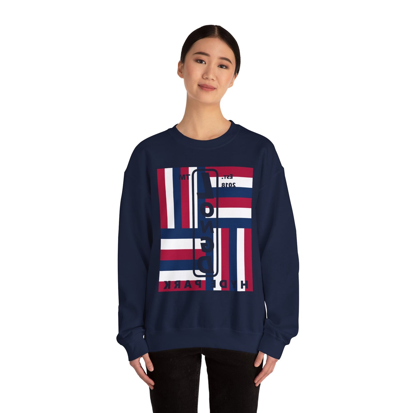 LongD negative rotated windmill Hyde Park front-back upright logo crewneck sweatshirt (patriotic colors)