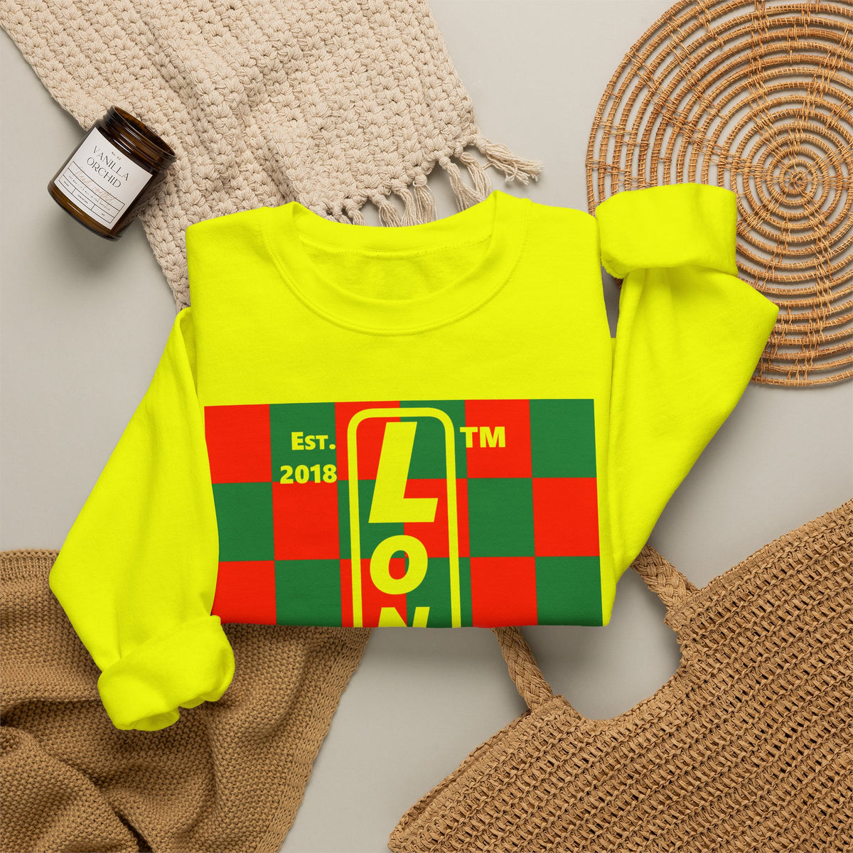 LongD Chicago negative upright checkered front-back logo (Xmas colors) crewneck sweatshirt