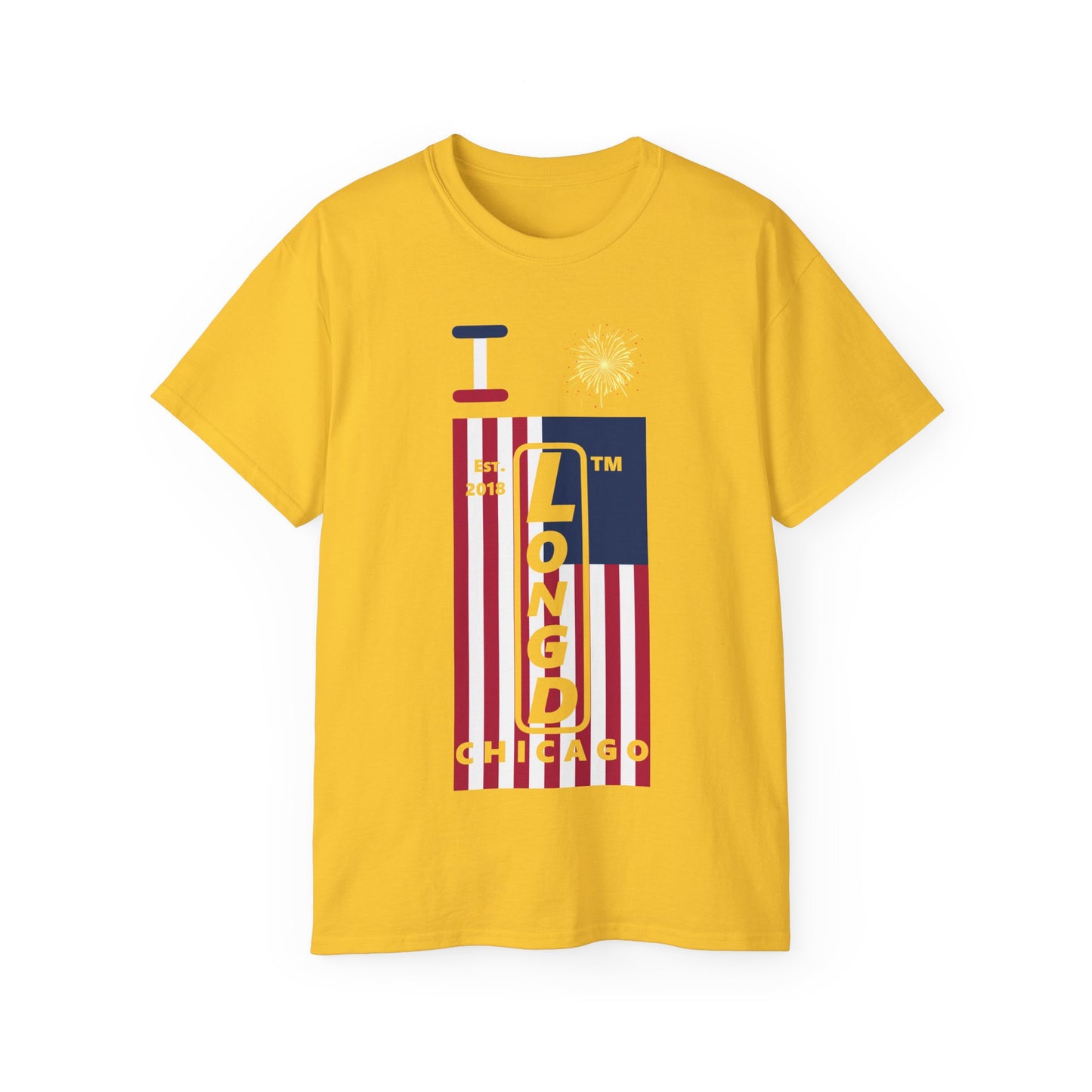I Burst LongD cotton tee negative flag Chicago upright logo (Patriotic colors)